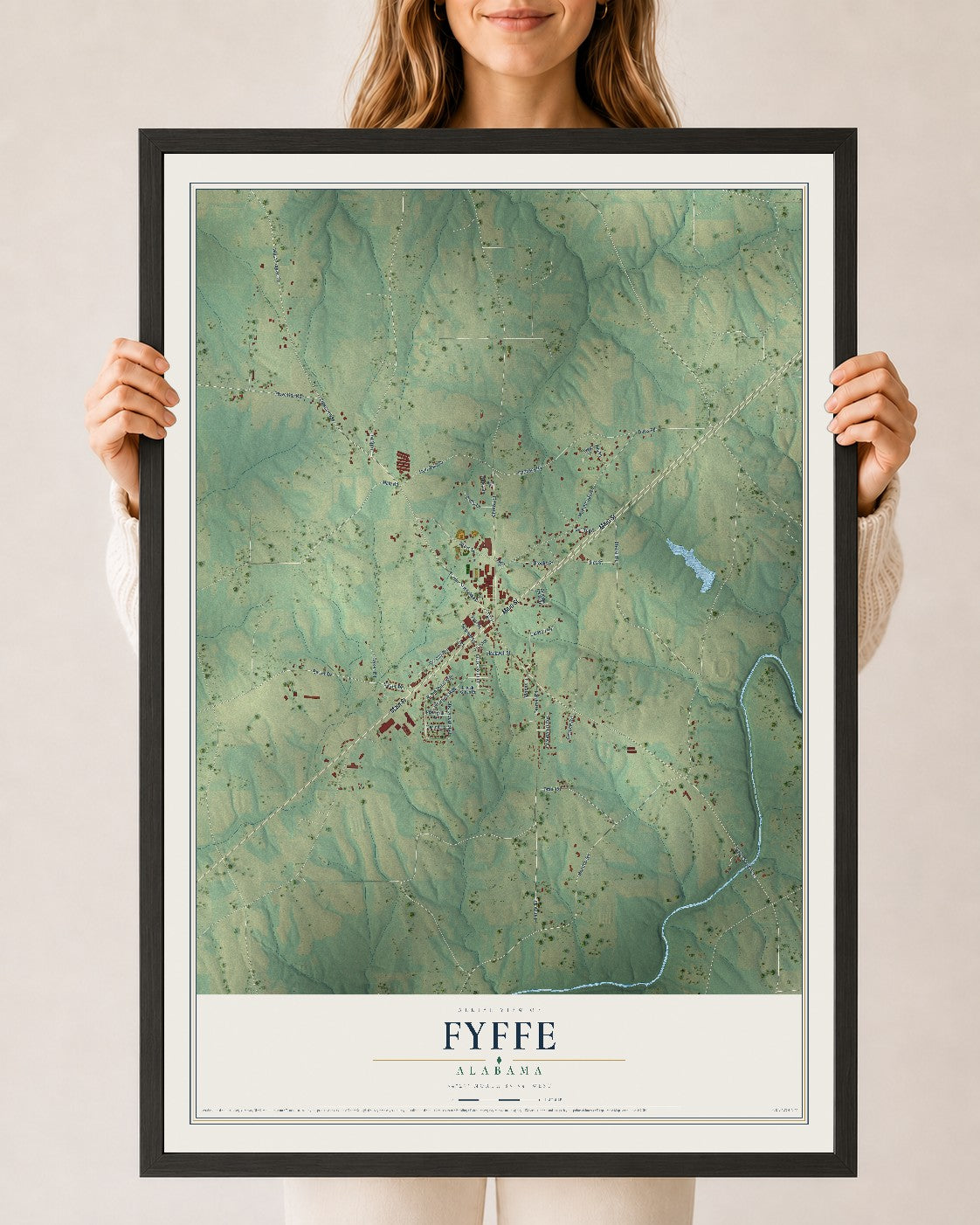 Map of Fyffe, Alabama, 24 x 36 inch print in a black wood frame