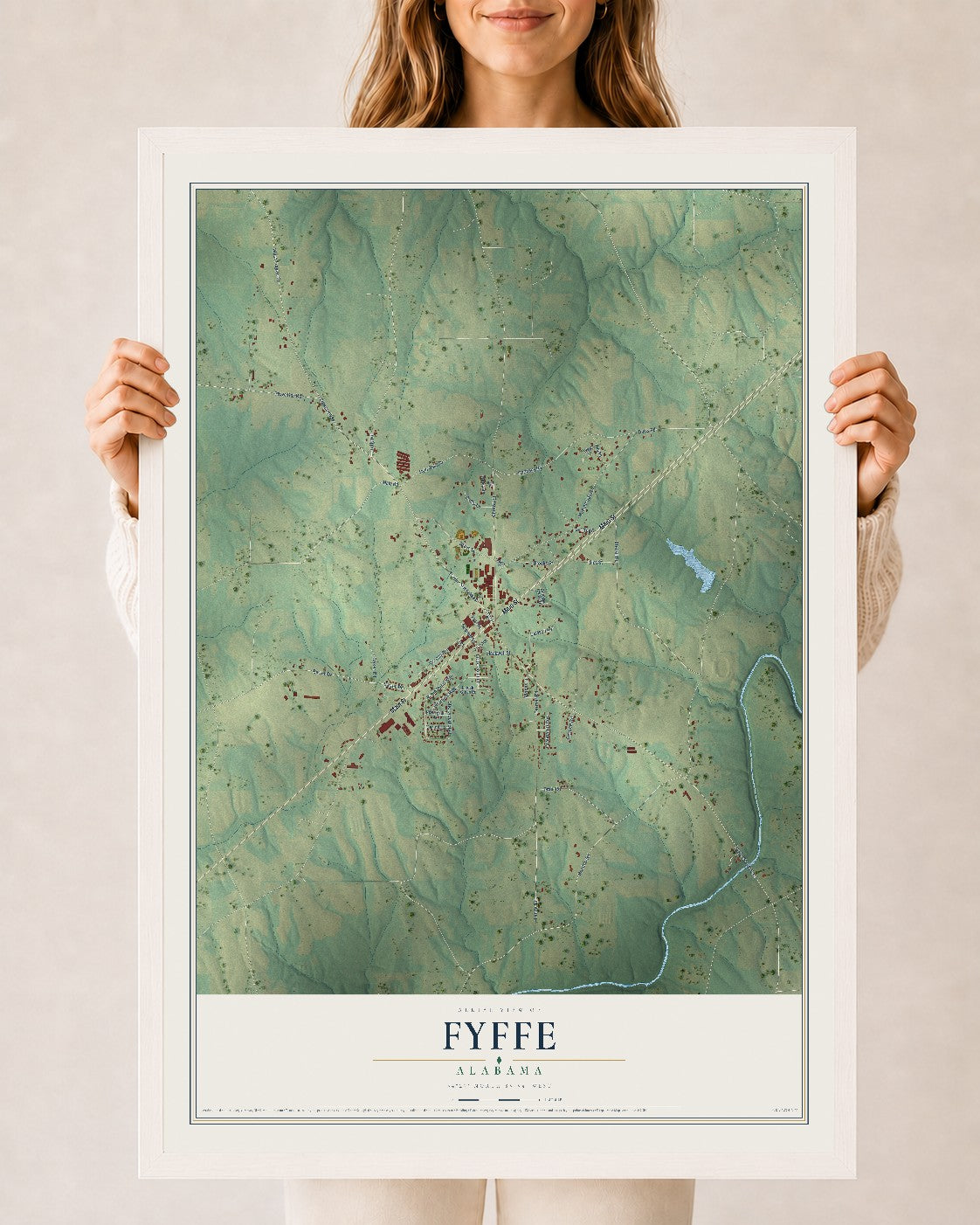 Map of Fyffe, Alabama, 24 x 36 inch print in a white wood frame