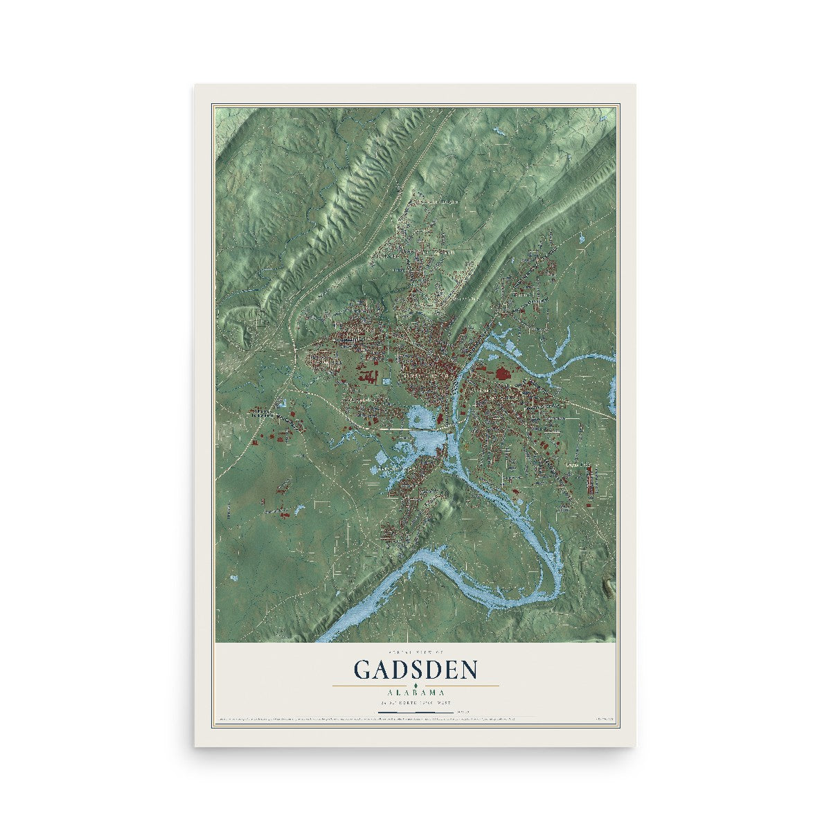 Map of Gadsden, Alabama, 12 x 18 inch unframed archival matte print
