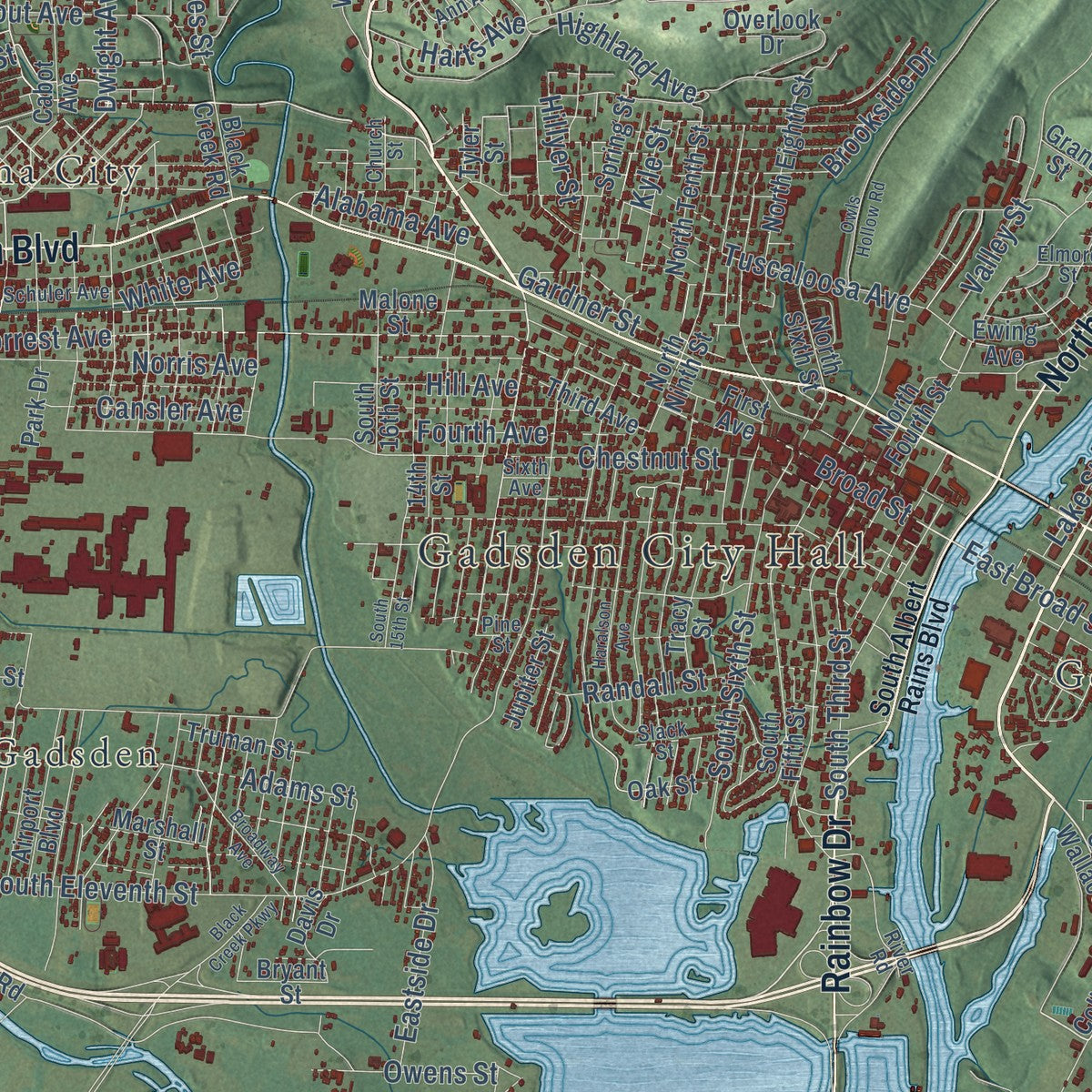 Close-up of the map of Gadsden, Alabama print showing street and building detail