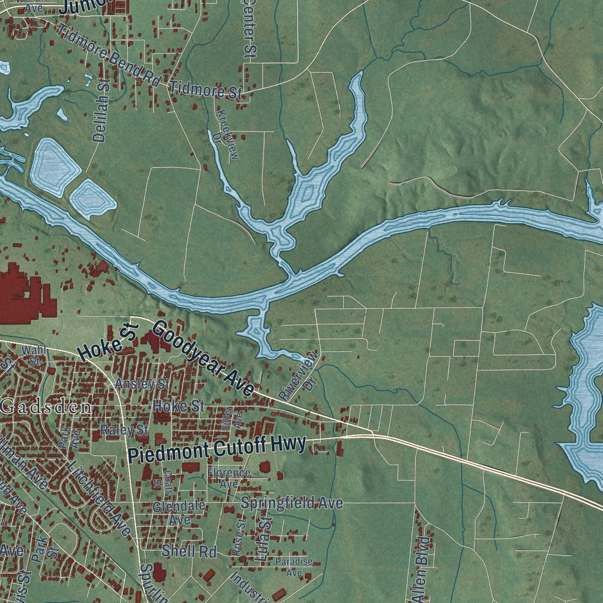 Second close-up of the map of Gadsden, Alabama print showing more streets and buildings
