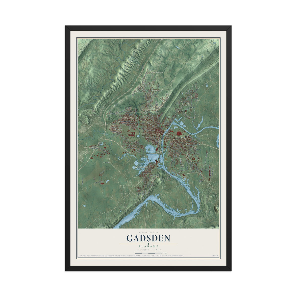 Map of Gadsden, Alabama, 12 x 18 inch print in a black wood frame