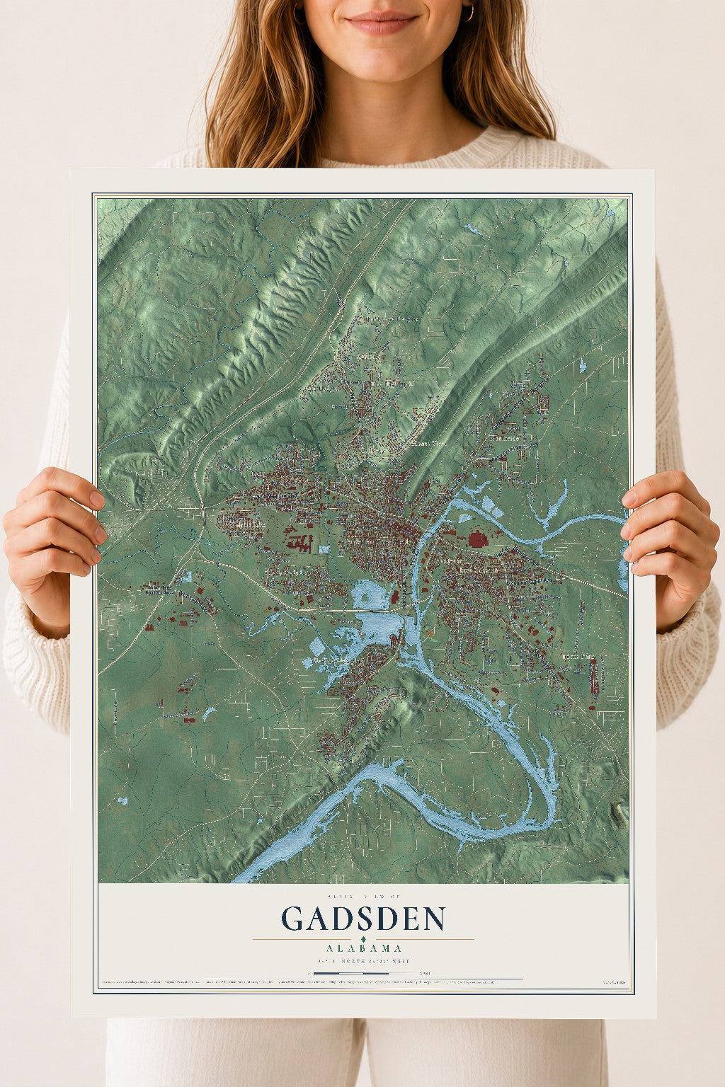 Map of Gadsden, Alabama, 18 x 24 inch unframed archival matte print