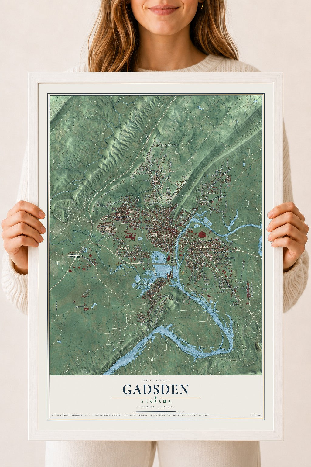 Map of Gadsden, Alabama, 18 x 24 inch print in a white wood frame