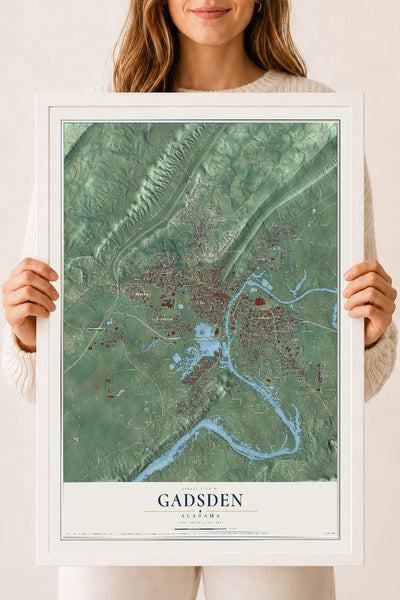 Map of Gadsden, Alabama, 18 x 24 inch print in a white wood frame