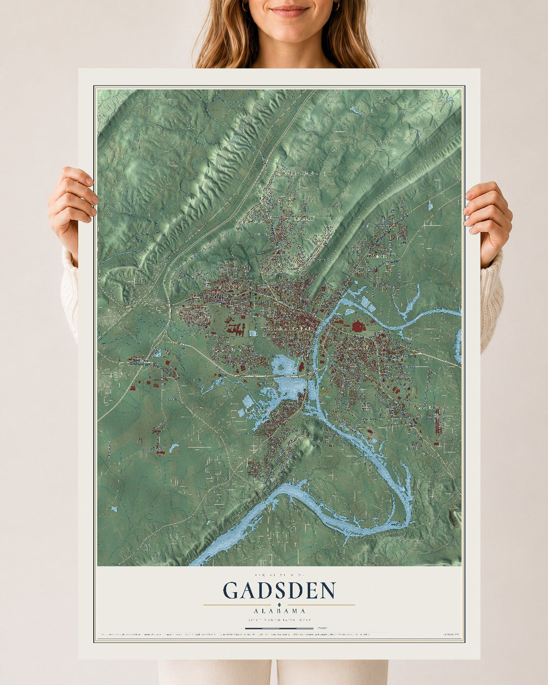 Map of Gadsden, Alabama, 24 x 36 inch unframed archival matte print