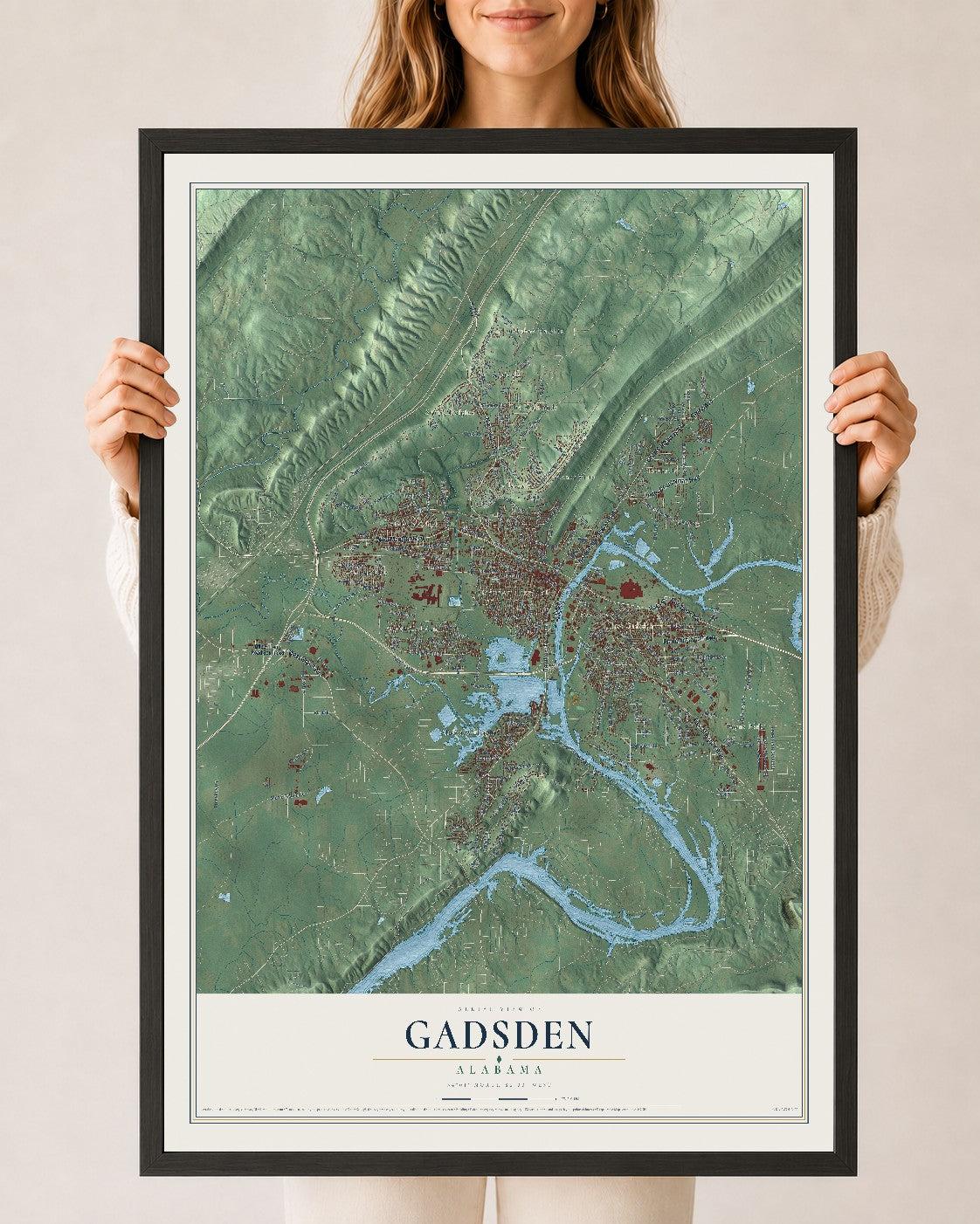 Map of Gadsden, Alabama, 24 x 36 inch print in a black wood frame