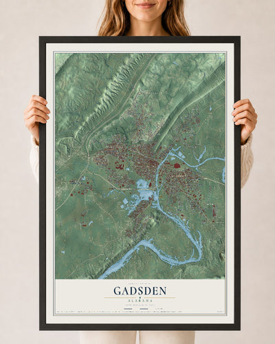 Map of Gadsden, Alabama, 24 x 36 inch print in a black wood frame