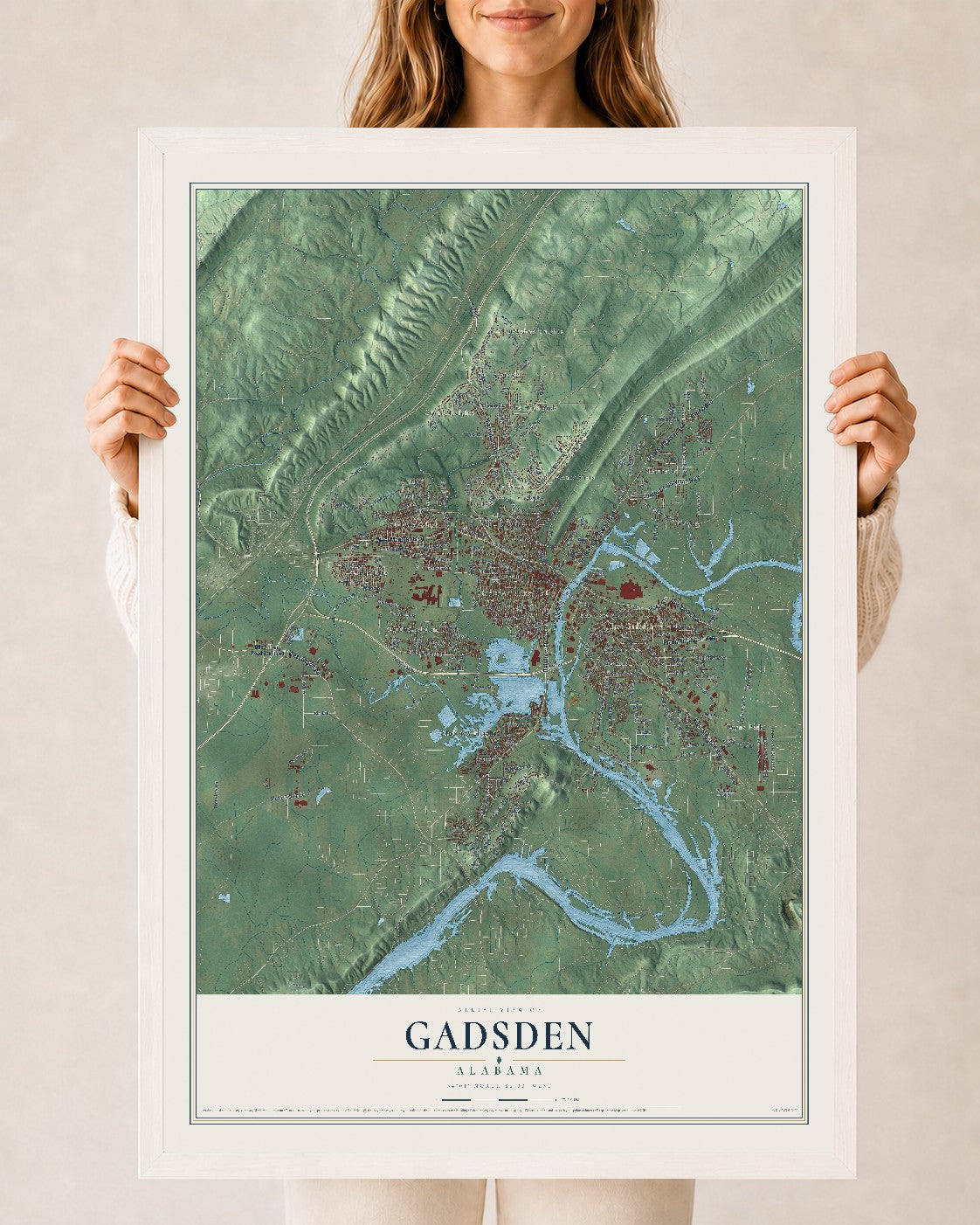 Map of Gadsden, Alabama, 24 x 36 inch print in a white wood frame