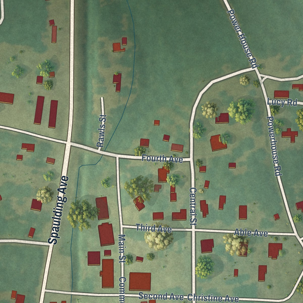 Second close-up of the map of Gantt, Alabama print showing more streets and buildings