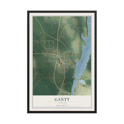 Map of Gantt, Alabama, 12 x 18 inch print in a black wood frame