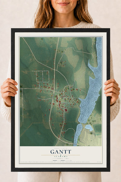 Map of Gantt, Alabama, 18 x 24 inch print in a black wood frame
