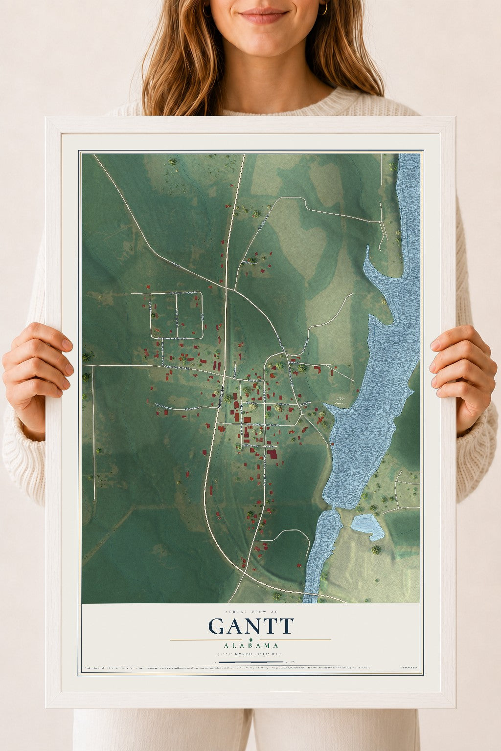 Map of Gantt, Alabama, 18 x 24 inch print in a white wood frame