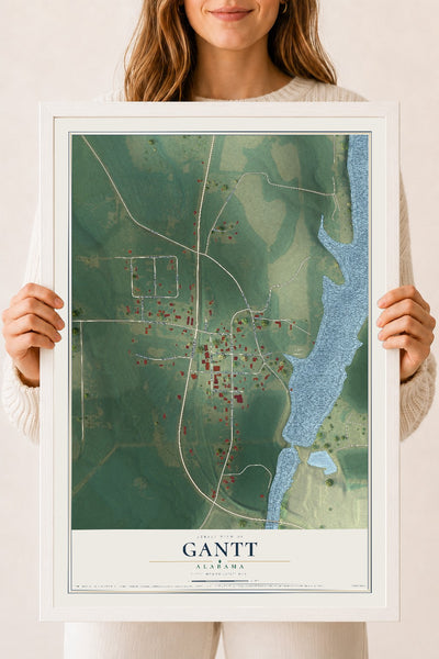 Map of Gantt, Alabama, 18 x 24 inch print in a white wood frame