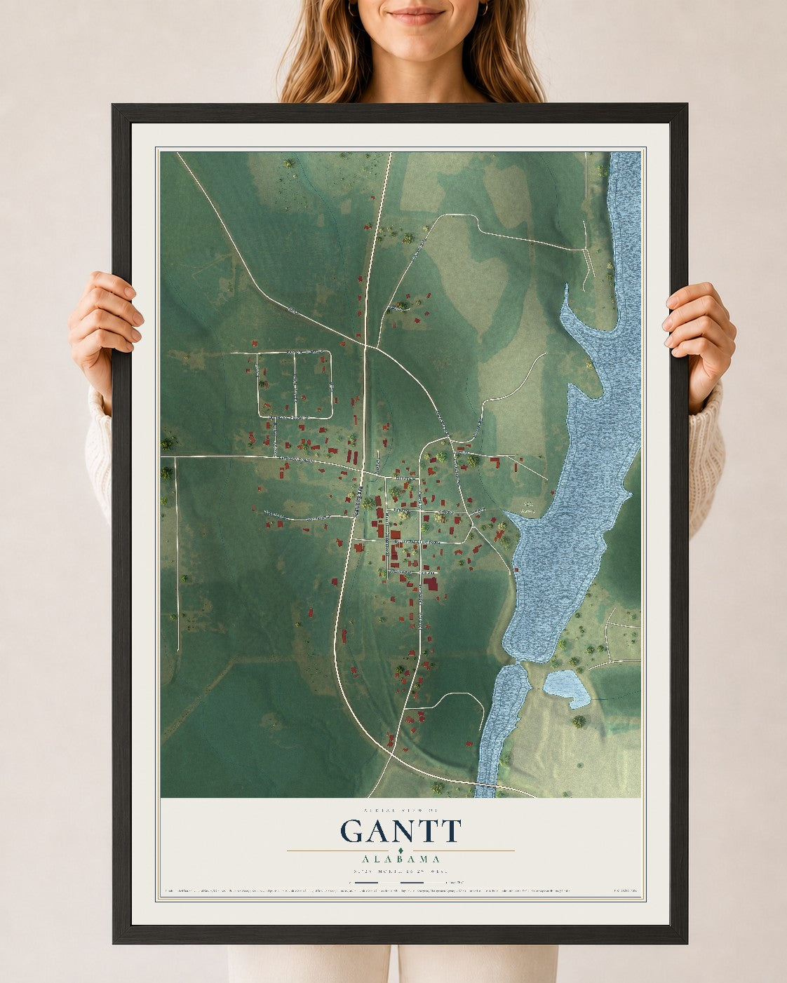 Map of Gantt, Alabama, 24 x 36 inch print in a black wood frame