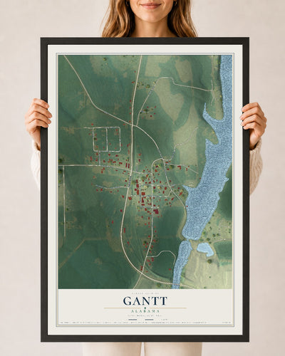 Map of Gantt, Alabama, 24 x 36 inch print in a black wood frame