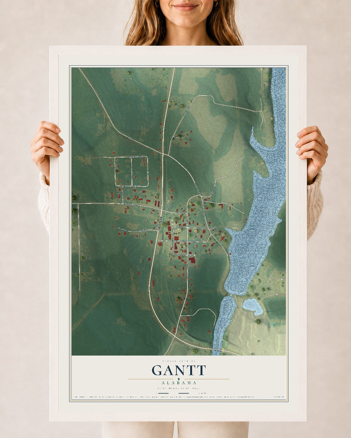 Map of Gantt, Alabama, 24 x 36 inch print in a white wood frame