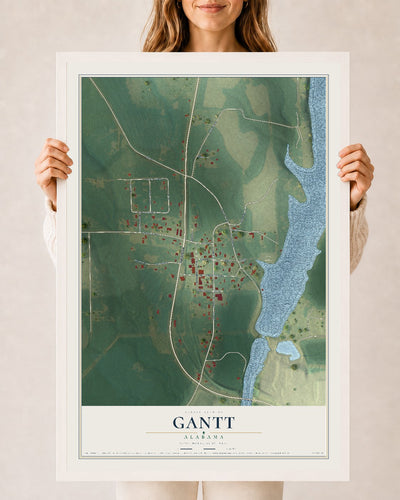 Map of Gantt, Alabama, 24 x 36 inch print in a white wood frame