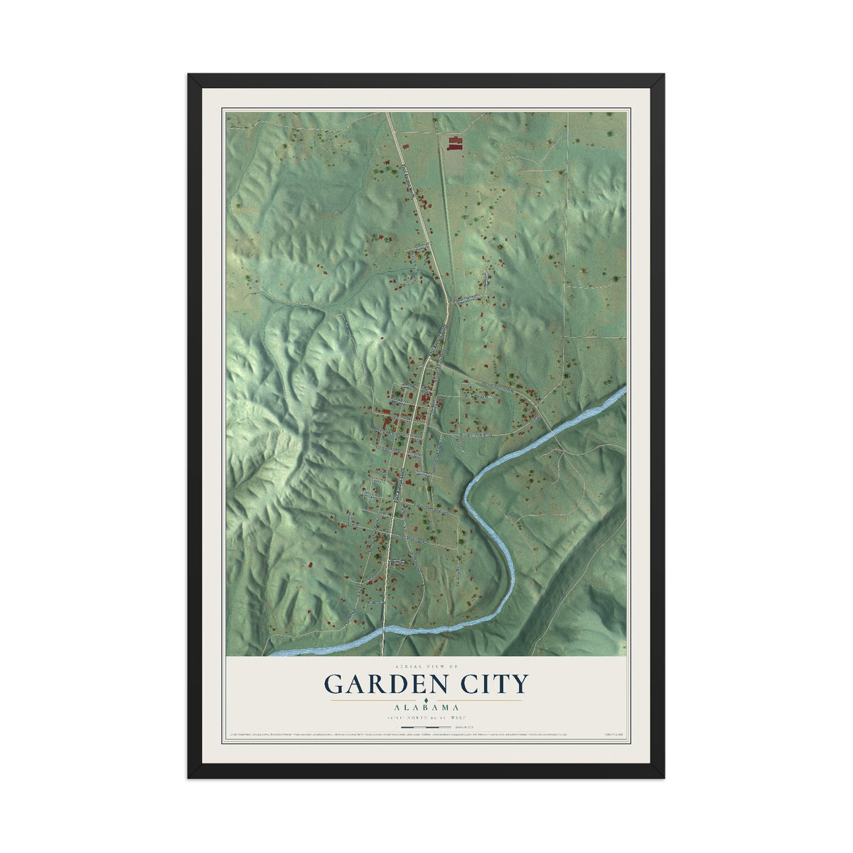 Map of Garden City, Alabama, 12 x 18 inch print in a black wood frame