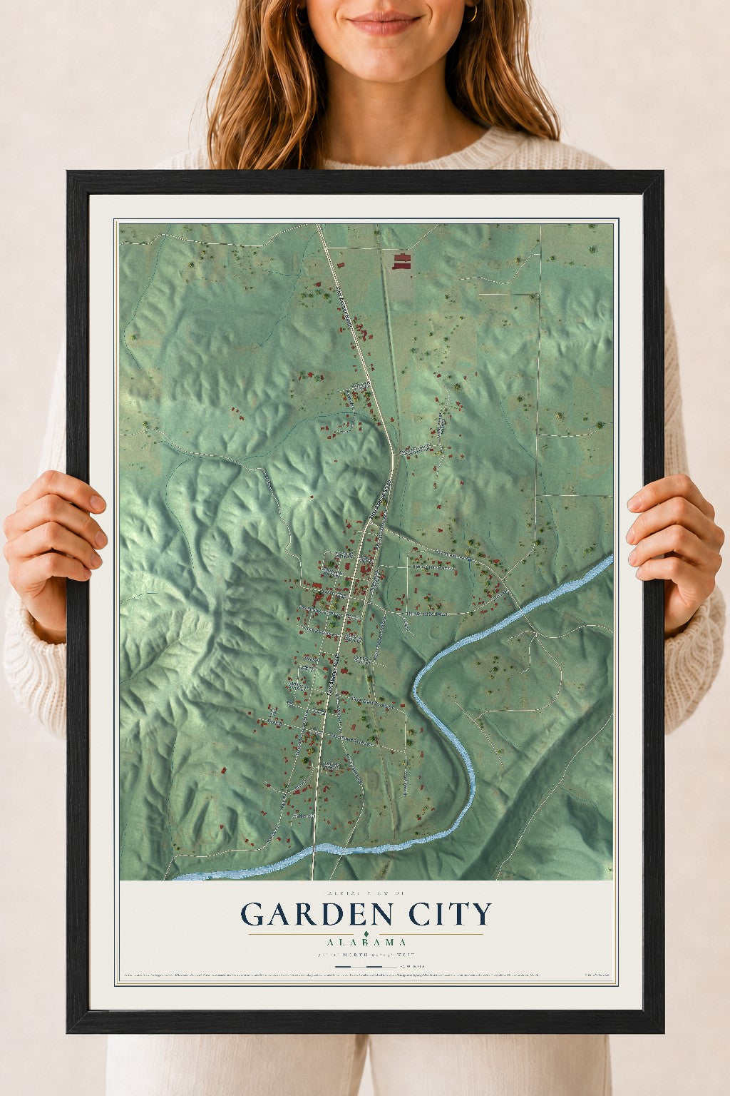 Map of Garden City, Alabama, 18 x 24 inch print in a black wood frame