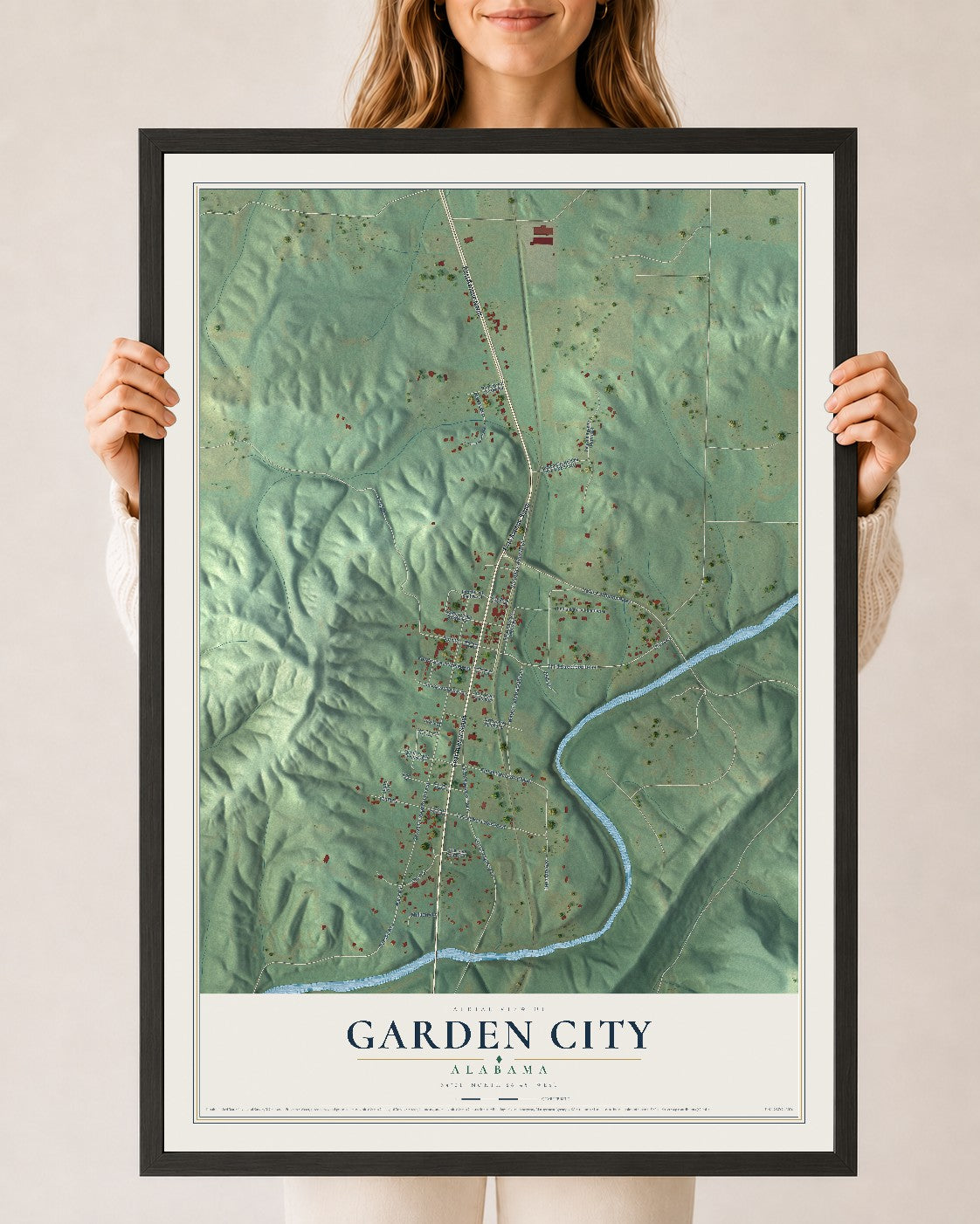 Map of Garden City, Alabama, 24 x 36 inch print in a black wood frame