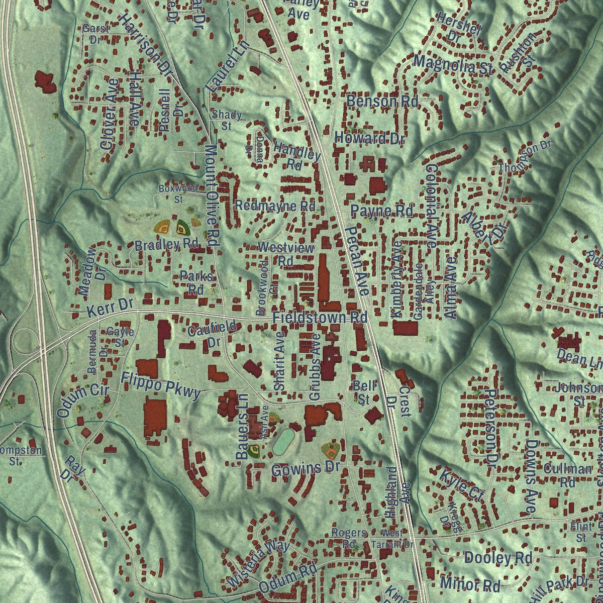 Close-up of the map of Gardendale, Alabama print showing street and building detail