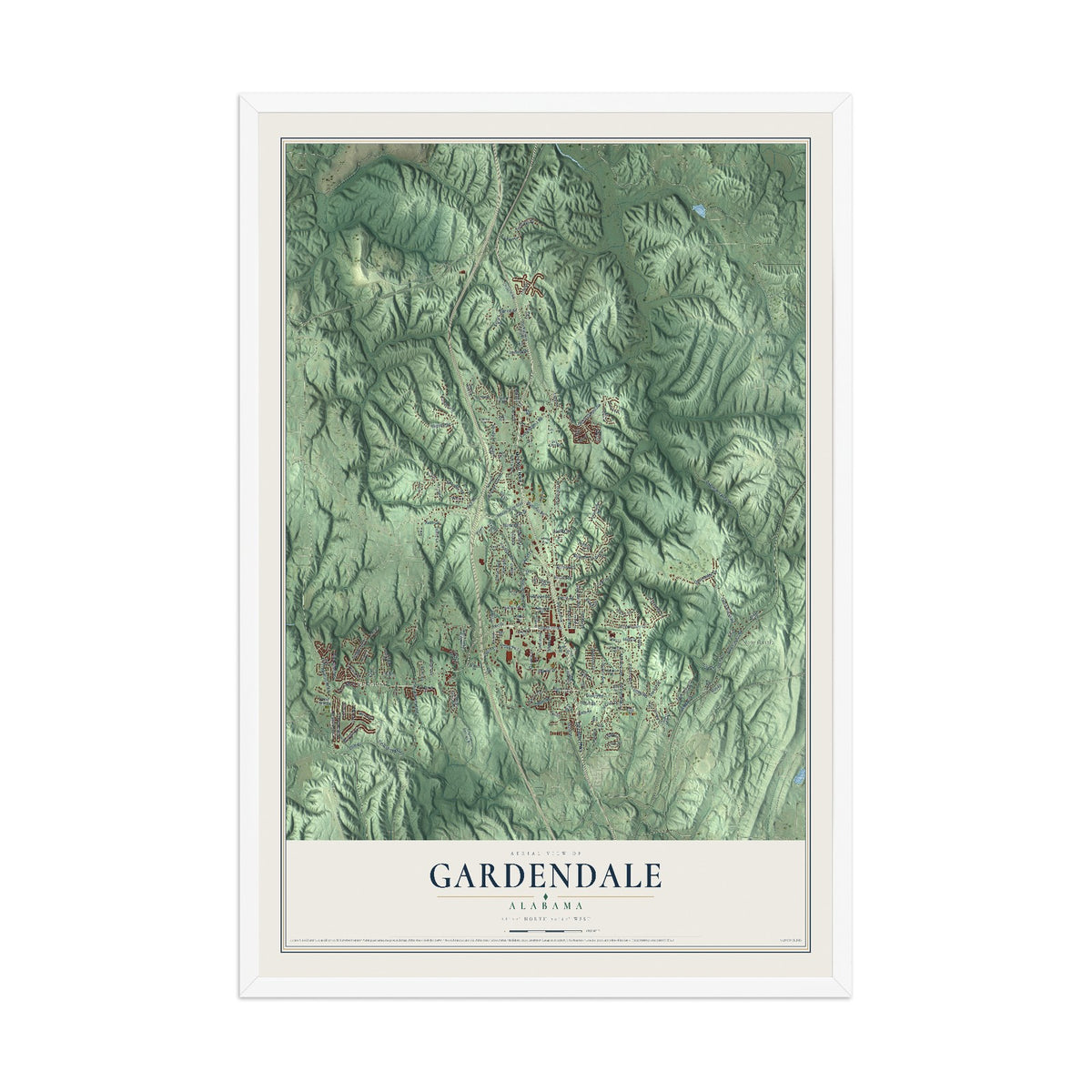 Map of Gardendale, Alabama, 12 x 18 inch print in a white wood frame