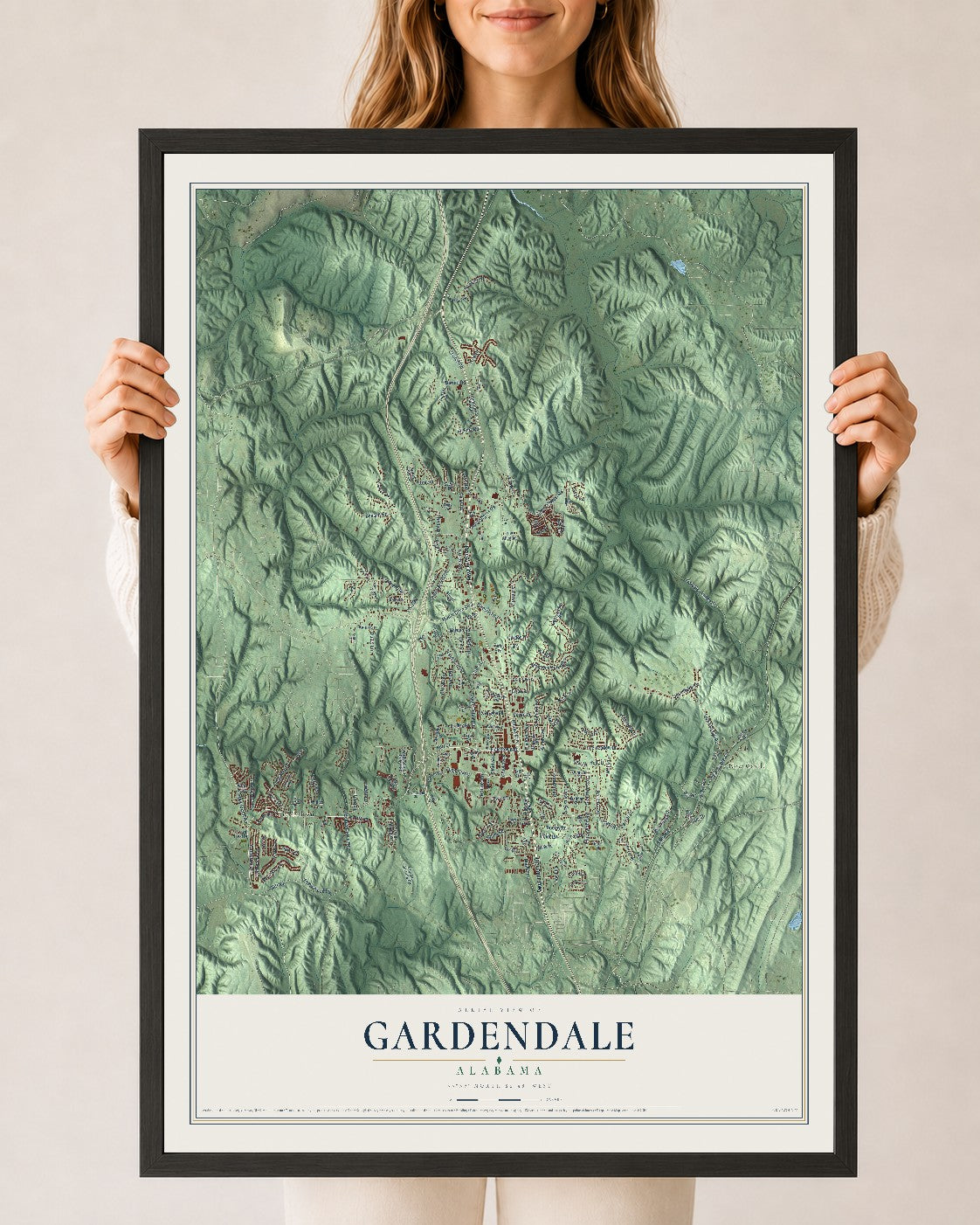 Map of Gardendale, Alabama, 24 x 36 inch print in a black wood frame