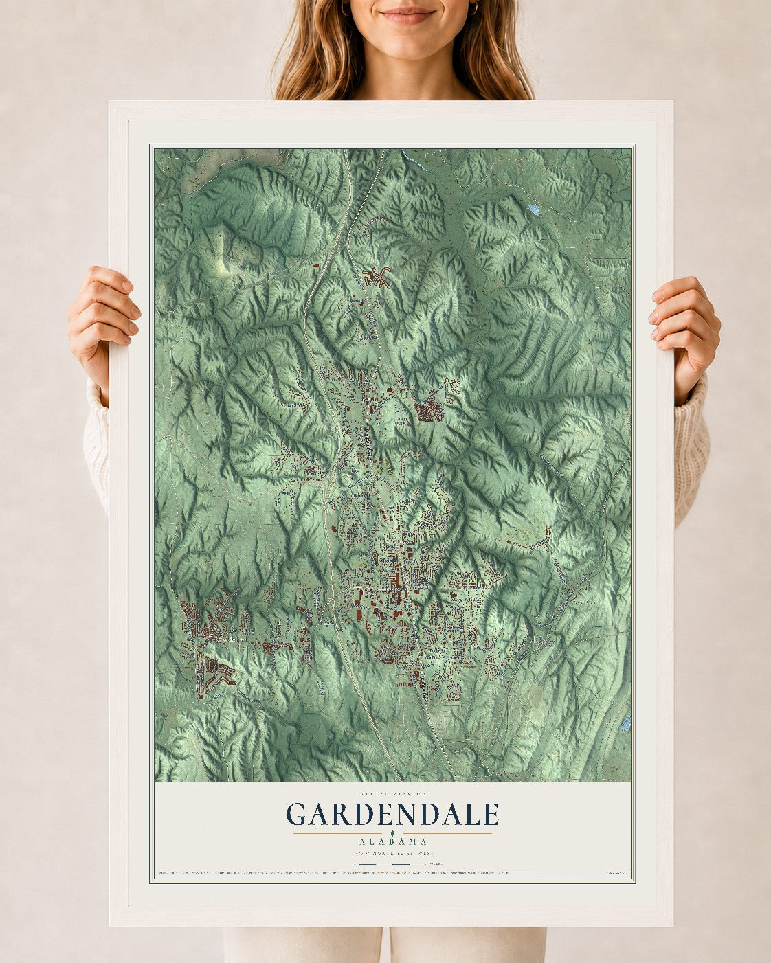 Map of Gardendale, Alabama, 24 x 36 inch print in a white wood frame
