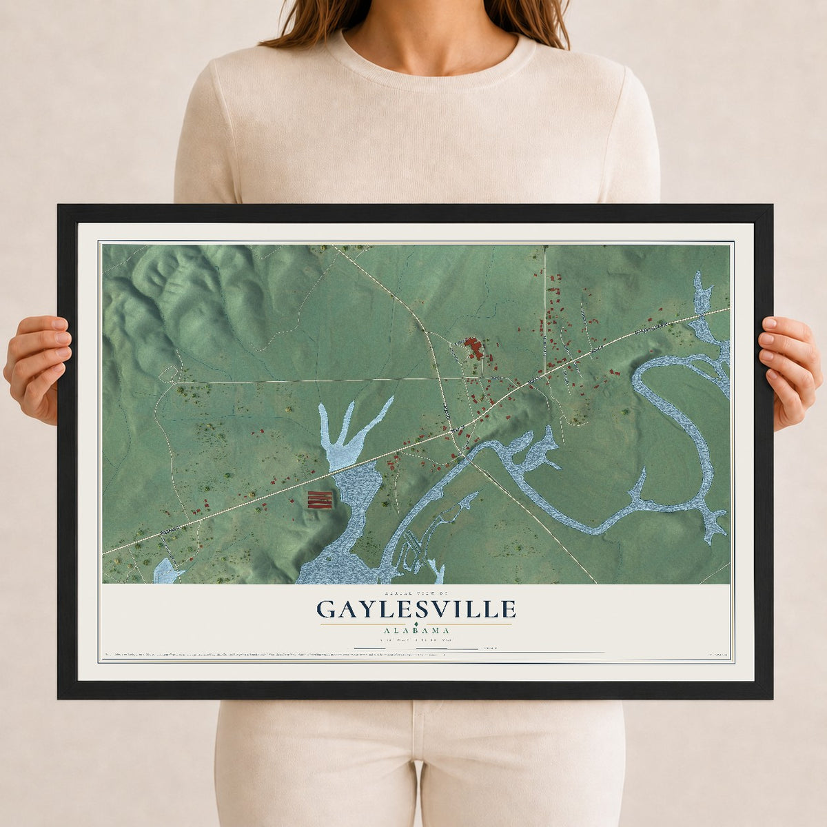 Map of Gaylesville, Alabama, 12 x 18 inch print in a black wood frame