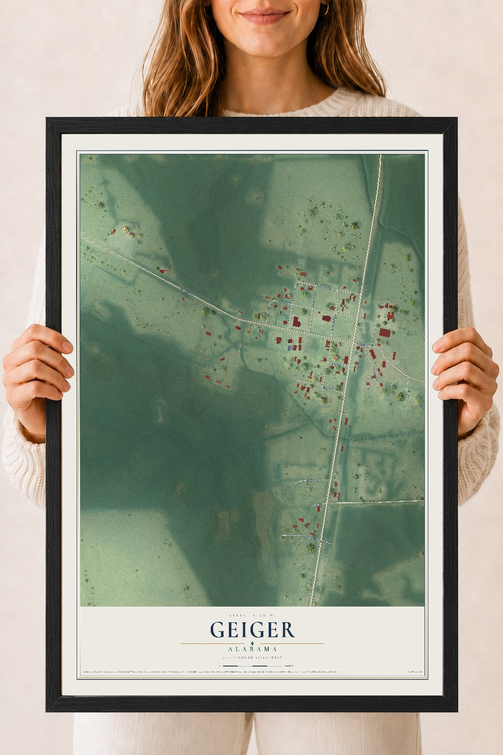 Map of Geiger, Alabama, 18 x 24 inch print in a black wood frame