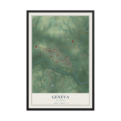 Map of Geneva, Alabama, 12 x 18 inch print in a black wood frame