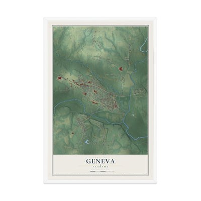 Map of Geneva, Alabama, 12 x 18 inch print in a white wood frame