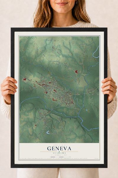 Map of Geneva, Alabama, 18 x 24 inch print in a black wood frame