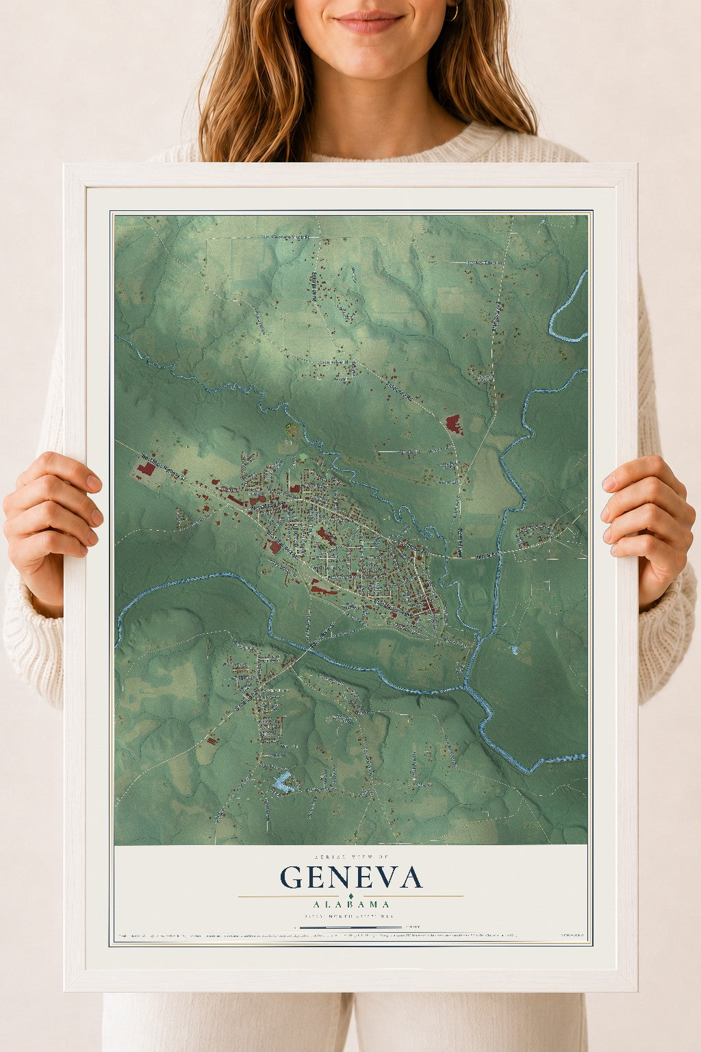 Map of Geneva, Alabama, 18 x 24 inch print in a white wood frame
