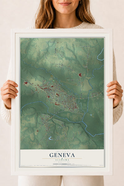 Map of Geneva, Alabama, 18 x 24 inch print in a white wood frame