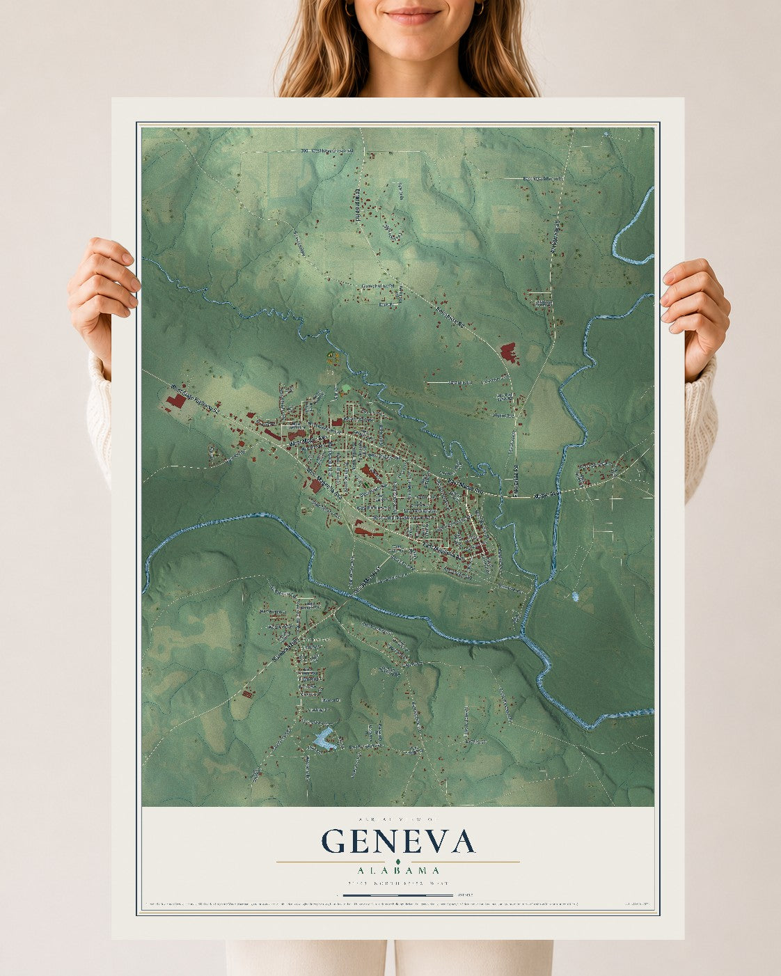 Map of Geneva, Alabama, 24 x 36 inch unframed archival matte print