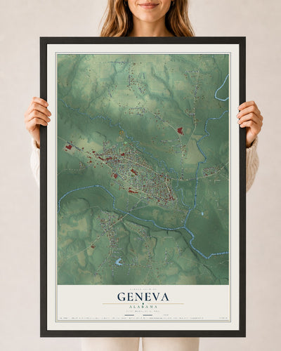 Map of Geneva, Alabama, 24 x 36 inch print in a black wood frame