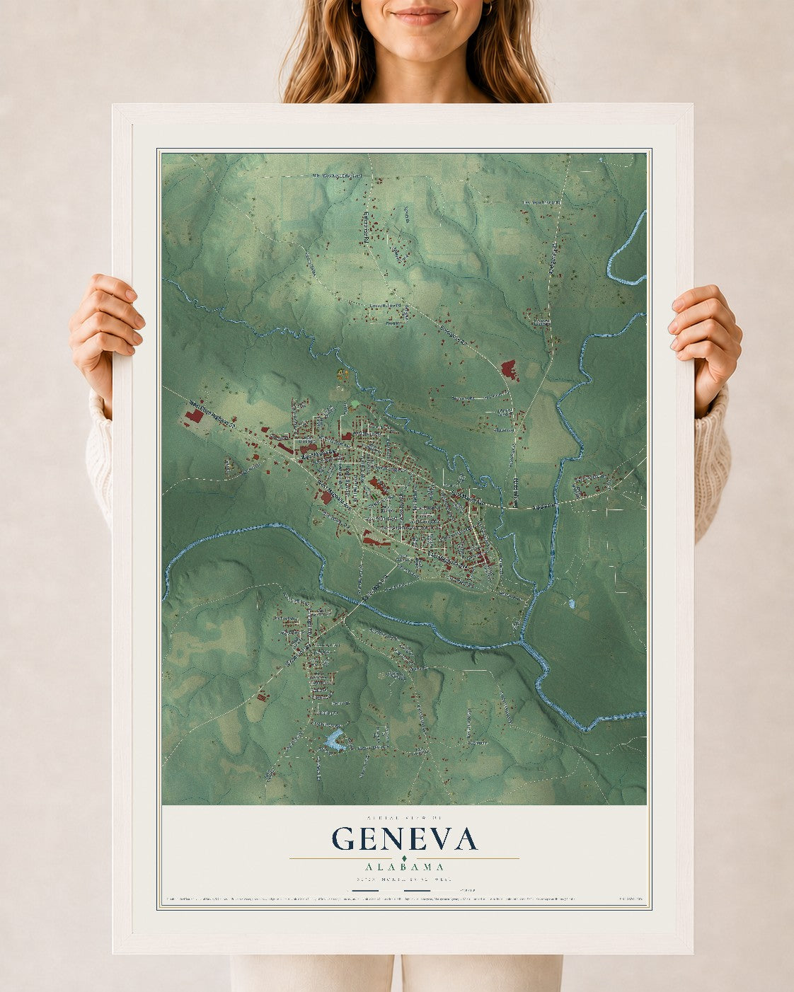 Map of Geneva, Alabama, 24 x 36 inch print in a white wood frame