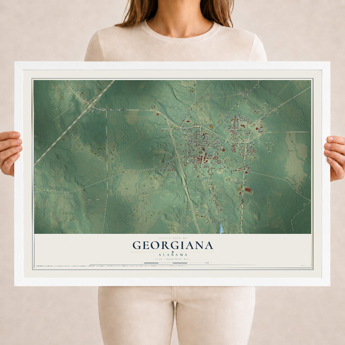 Map of Georgiana, Alabama, 18 x 24 inch print in a white wood frame