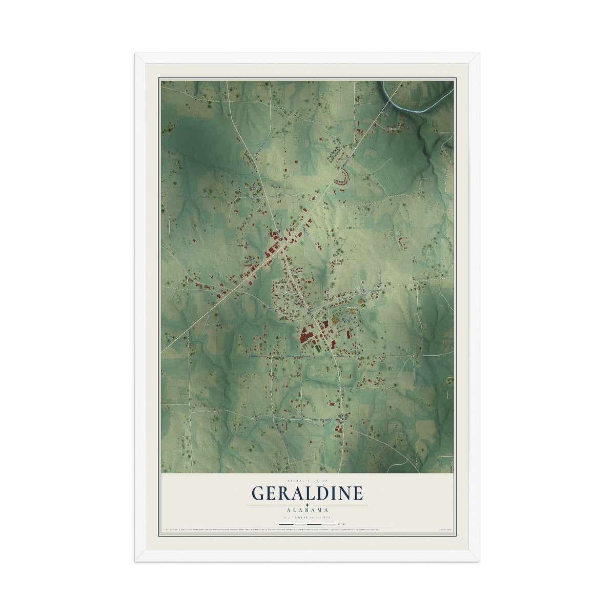 Map of Geraldine, Alabama, 12 x 18 inch print in a white wood frame