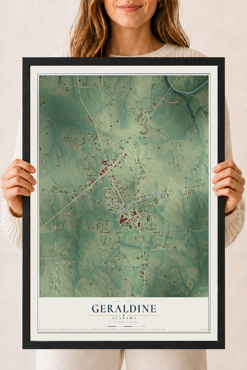 Map of Geraldine, Alabama, 18 x 24 inch print in a black wood frame