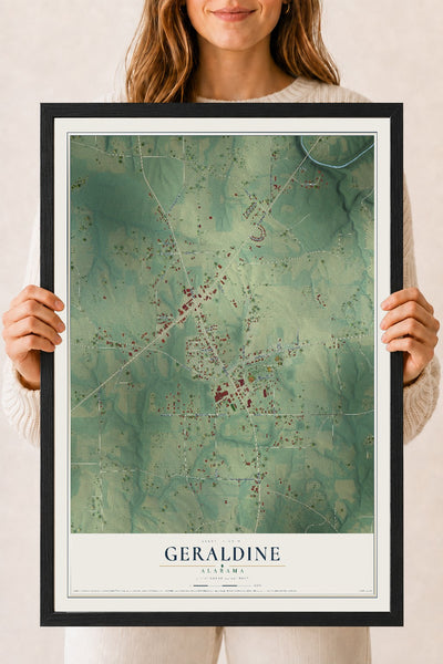 Map of Geraldine, Alabama, 18 x 24 inch print in a black wood frame