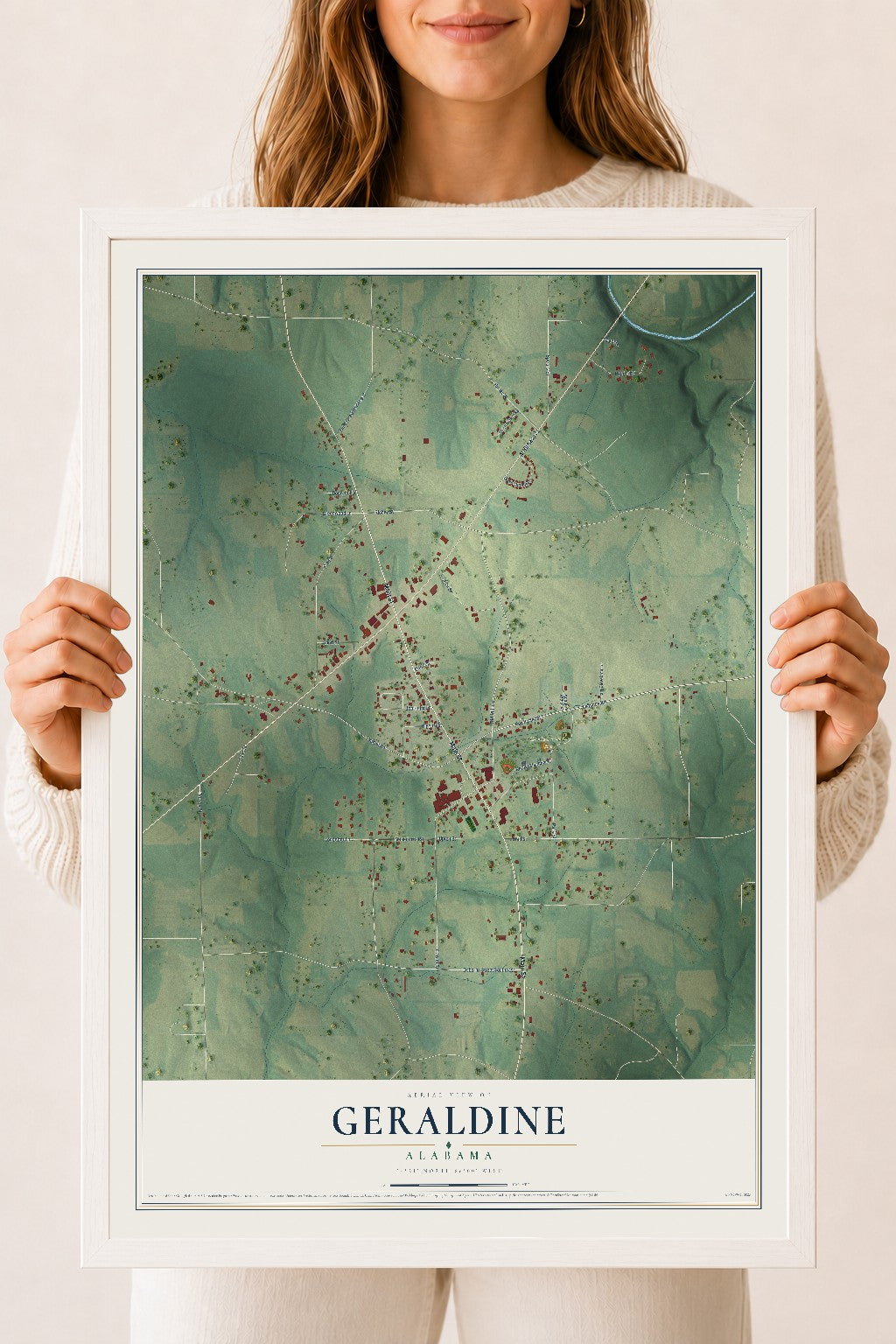 Map of Geraldine, Alabama, 18 x 24 inch print in a white wood frame