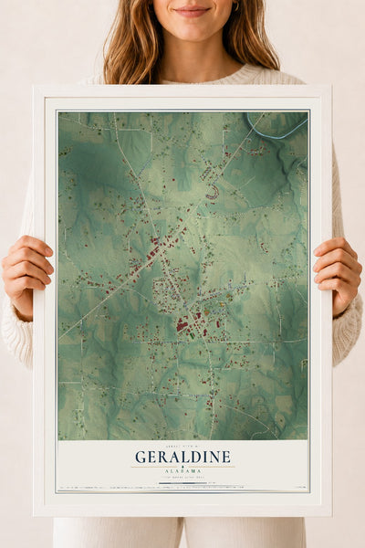Map of Geraldine, Alabama, 18 x 24 inch print in a white wood frame