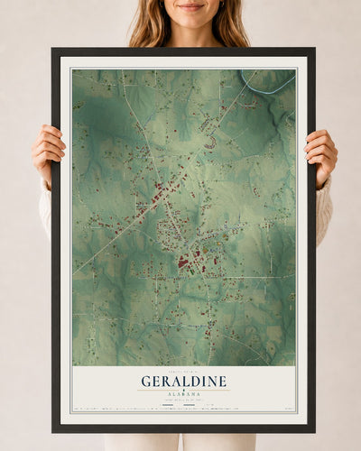 Map of Geraldine, Alabama, 24 x 36 inch print in a black wood frame