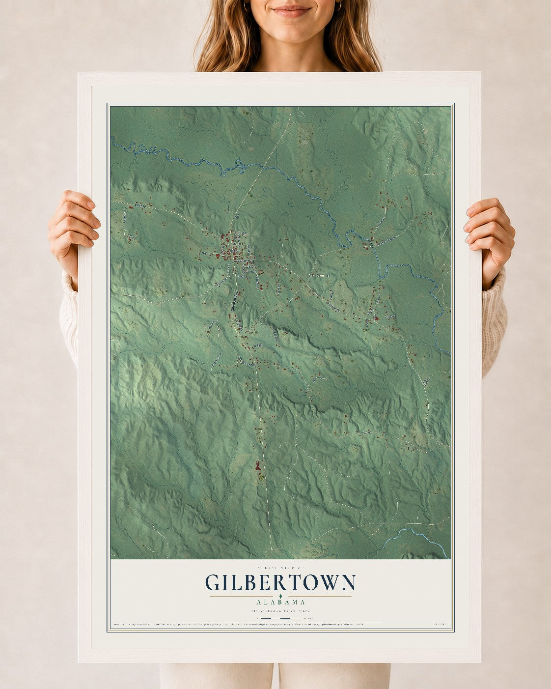 Map of Gilbertown, Alabama, 24 x 36 inch print in a white wood frame