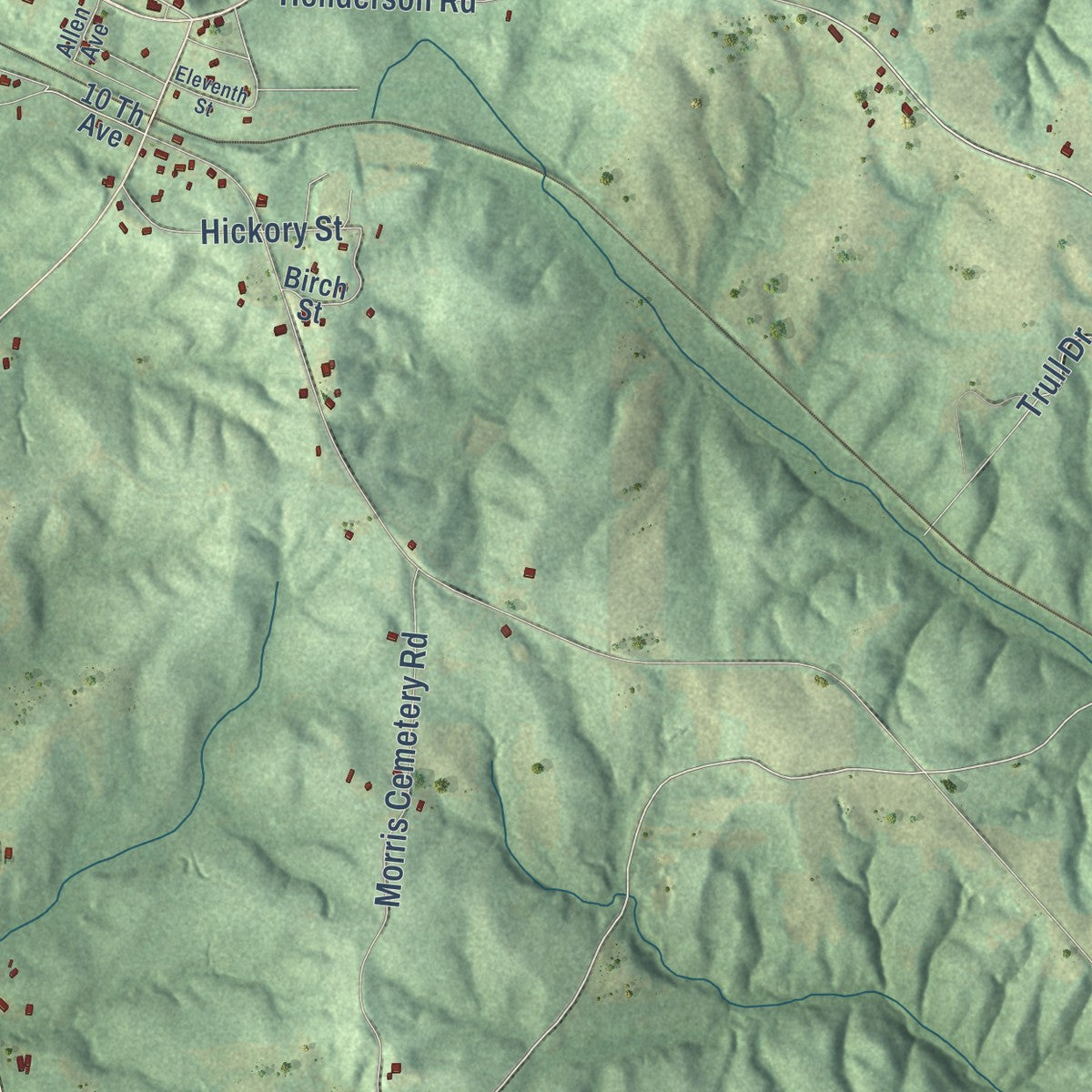 Second close-up of the map of Glen Allen, Alabama print showing more streets and buildings