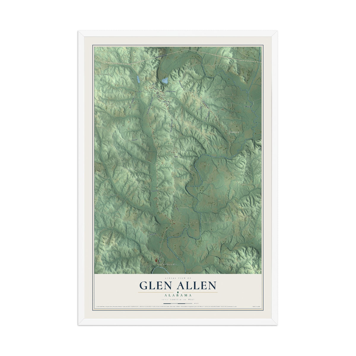 Map of Glen Allen, Alabama, 12 x 18 inch print in a white wood frame