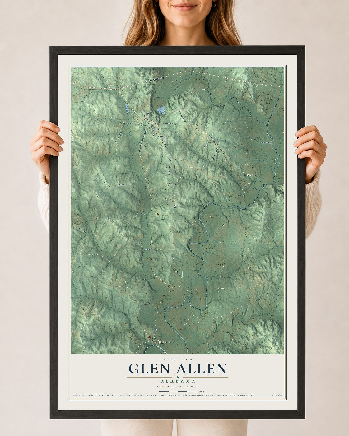 Map of Glen Allen, Alabama, 24 x 36 inch print in a black wood frame